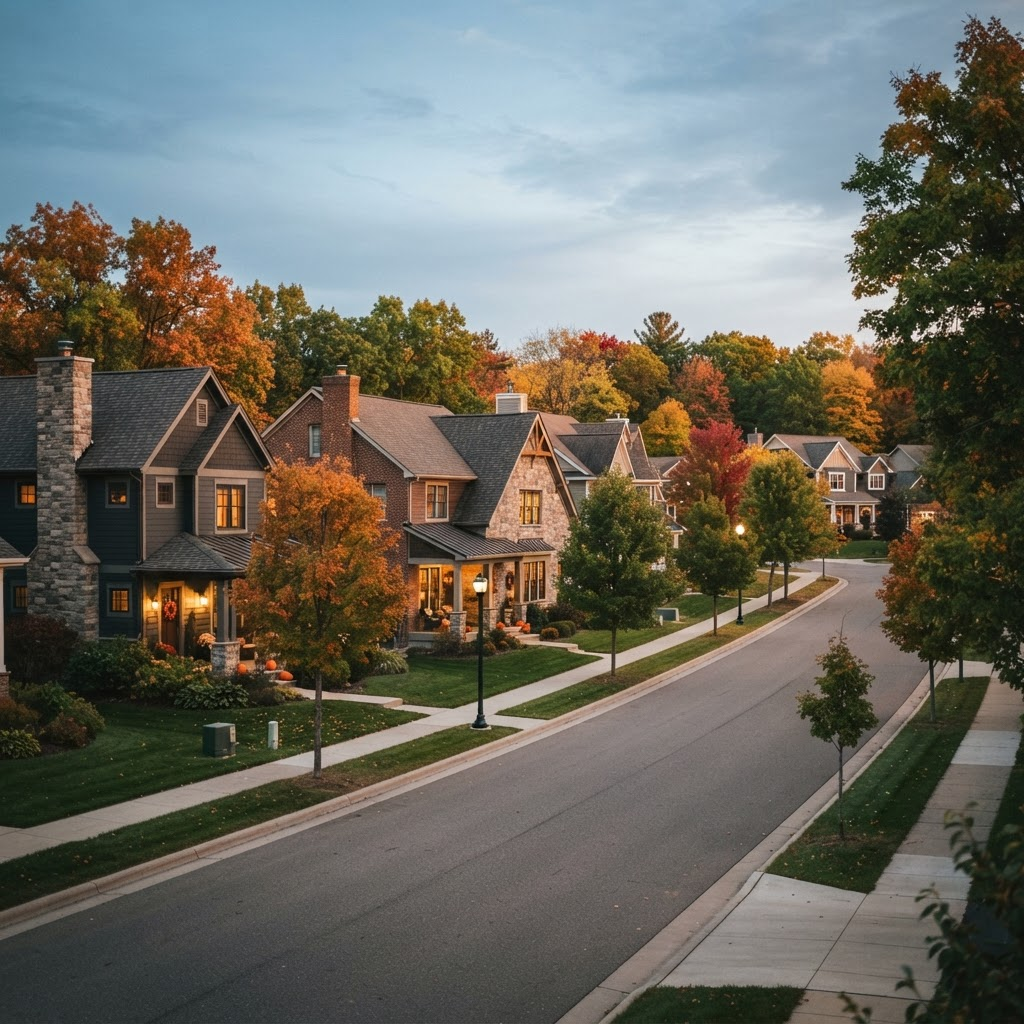 Warm autumn evening over a well-kept residential street of rental homes in central Wisconsin