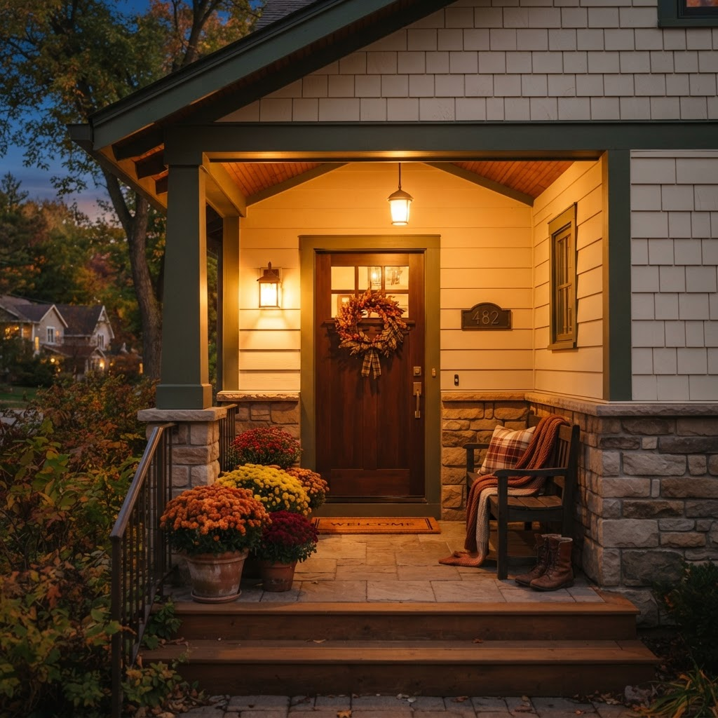 A warmly lit front porch of a welcoming Wisconsin rental home at dusk